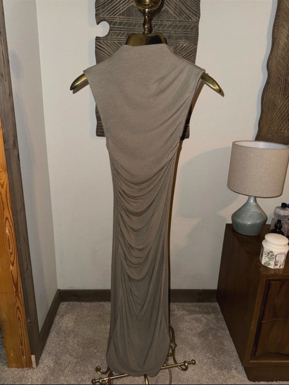 Rumored Taupe Sleeveless Draped Midi Dress